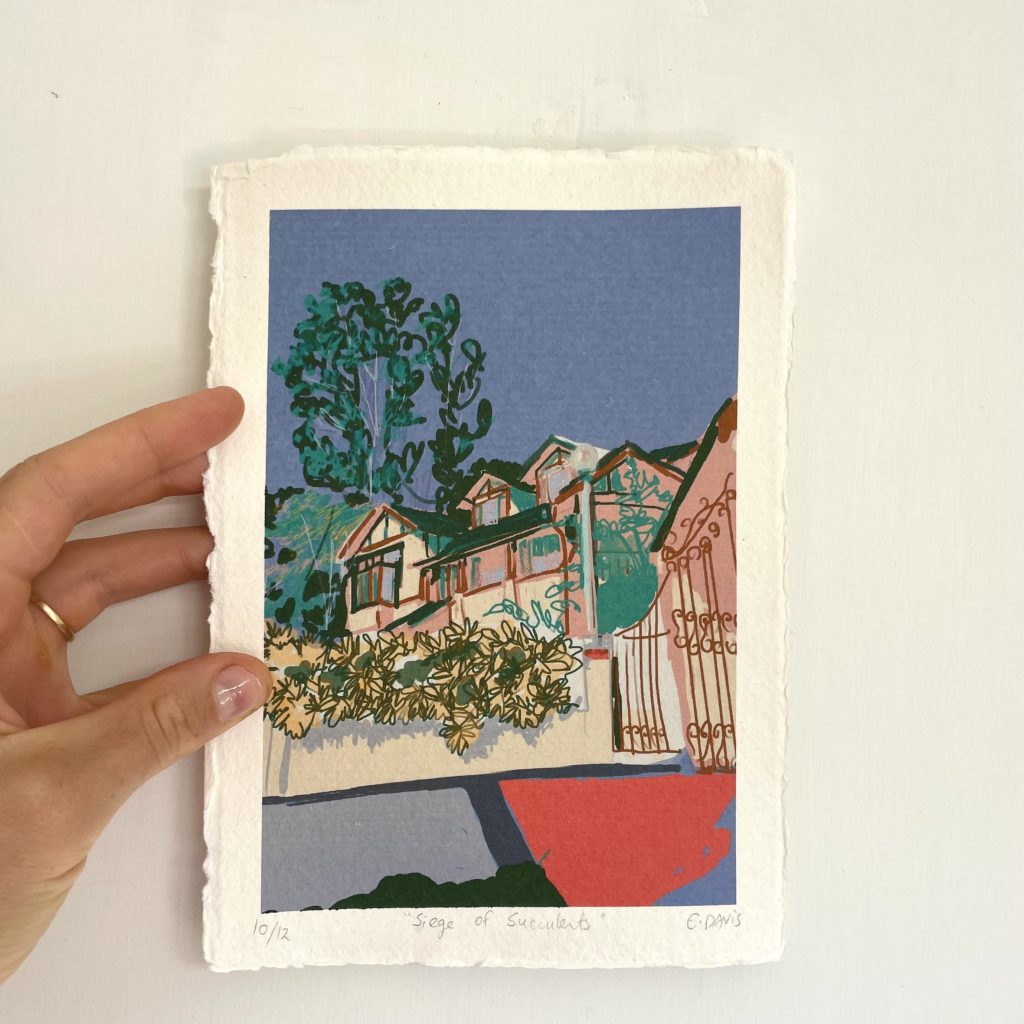 Illustration showing a house with a garden of succulents